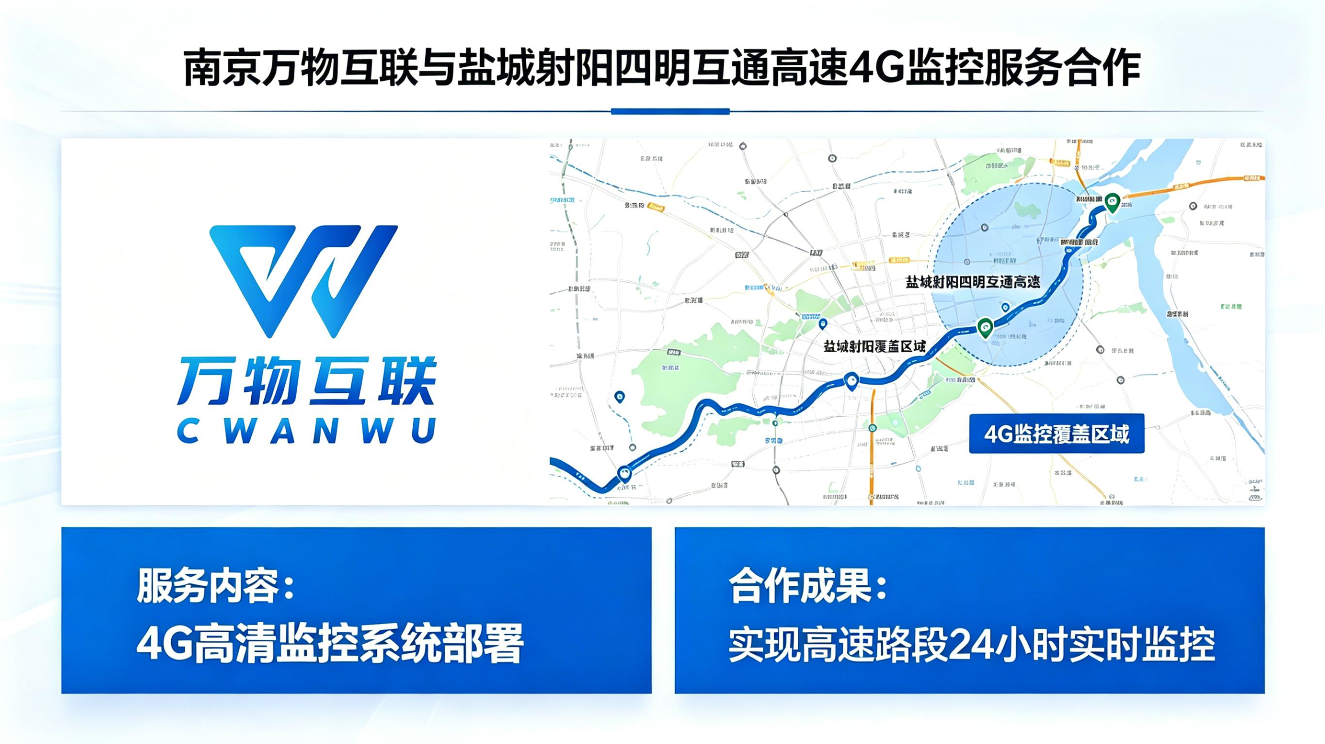 南京万物互联与盐城射阳四明互通高速合作，为其提供4G监控服务。